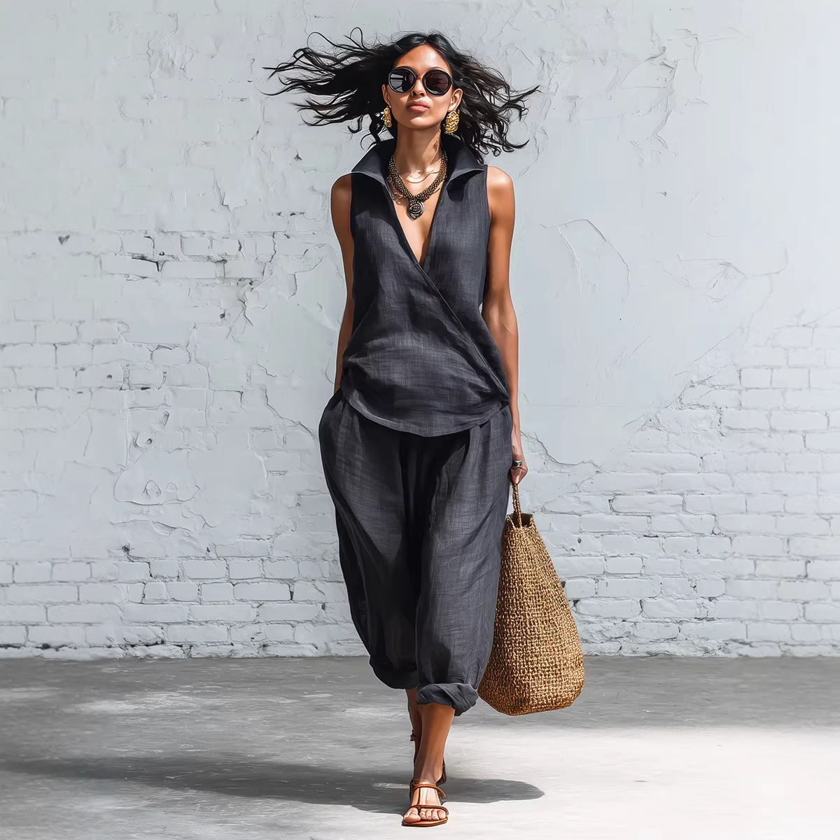 2026 Amazon Cross-Border Independent Site Foreign Trade European and American Simple Style Lapel Shirt and Wide-Leg Pants Women's Two-Piece Set
