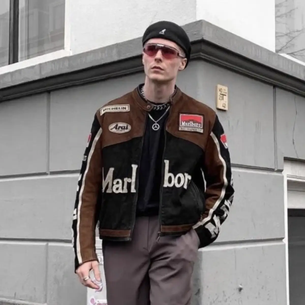 Fog Vujade Marlboro American retro Embroider Leather Racing Motorcycle Suit jacket Couple Outwear Ins Style