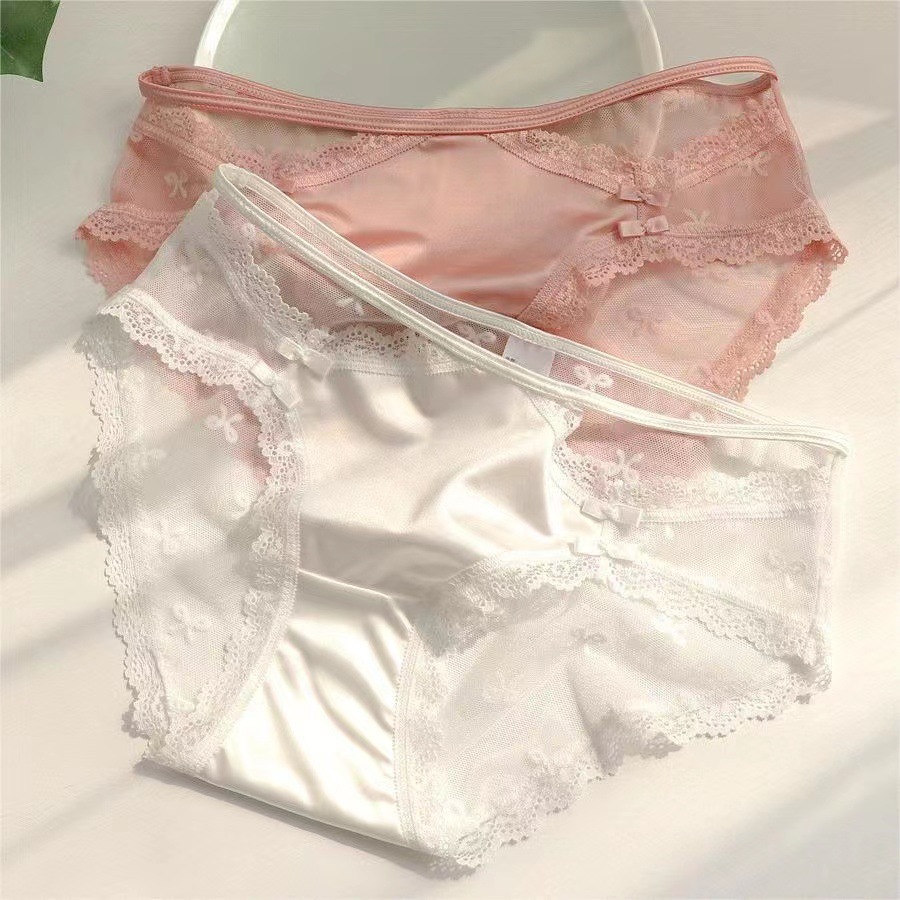 Pure French Satin Hollow Lace Mesh Breathable Girly Style Briefs Sexy Ice Silk Spring and Summer Briefs for Women