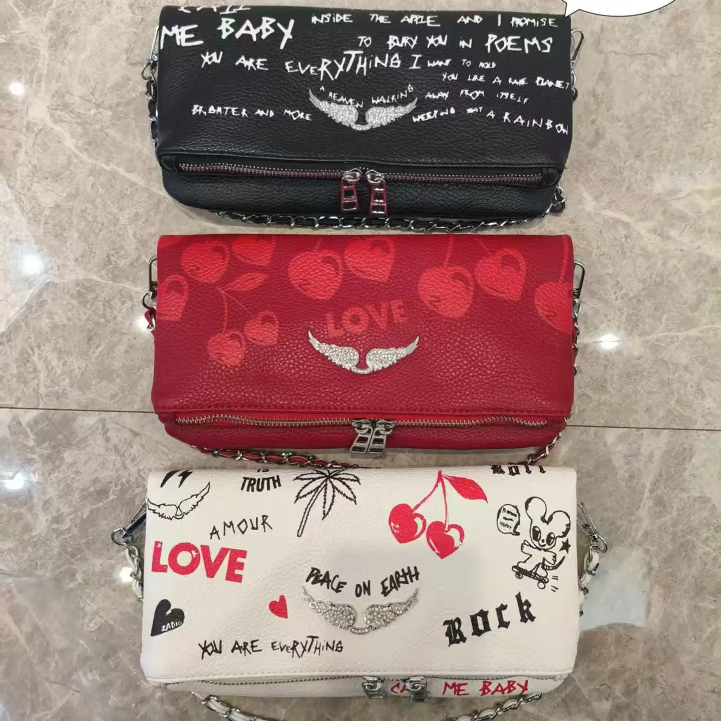 ZV bag new French foreign trade illustration printing classic fashion versatile chain flap diagonal cross shoulder wing women's bag