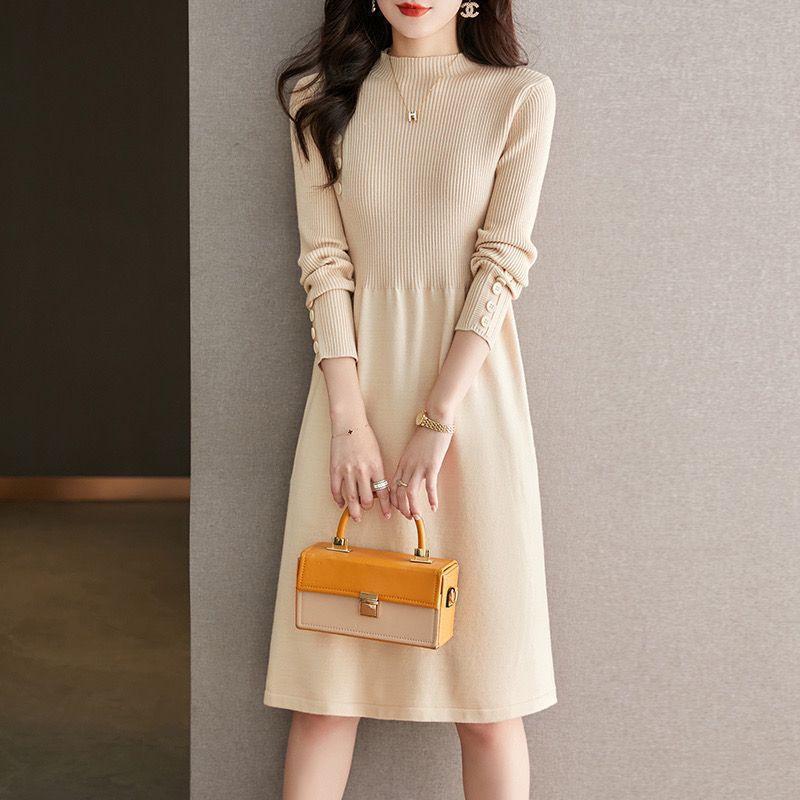 Autumn and Winter New Style with Coat Bottoming Knitted Dress Elegant Mid-Length Pure Color Sweater Skirt Knitted Skirt