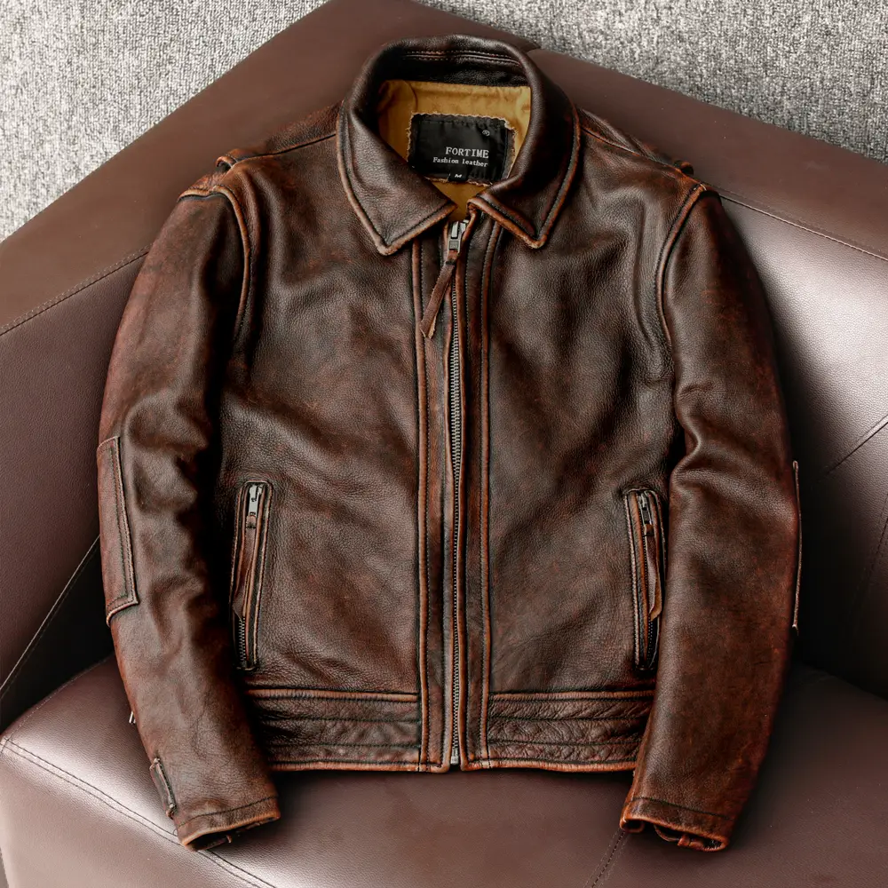 Ami Khaki American retro Pure First-Layer Cowhide Genuine Leather Jacket for Men, Motorcycle Short Stone Grinding and Distressing Outwear Trendy