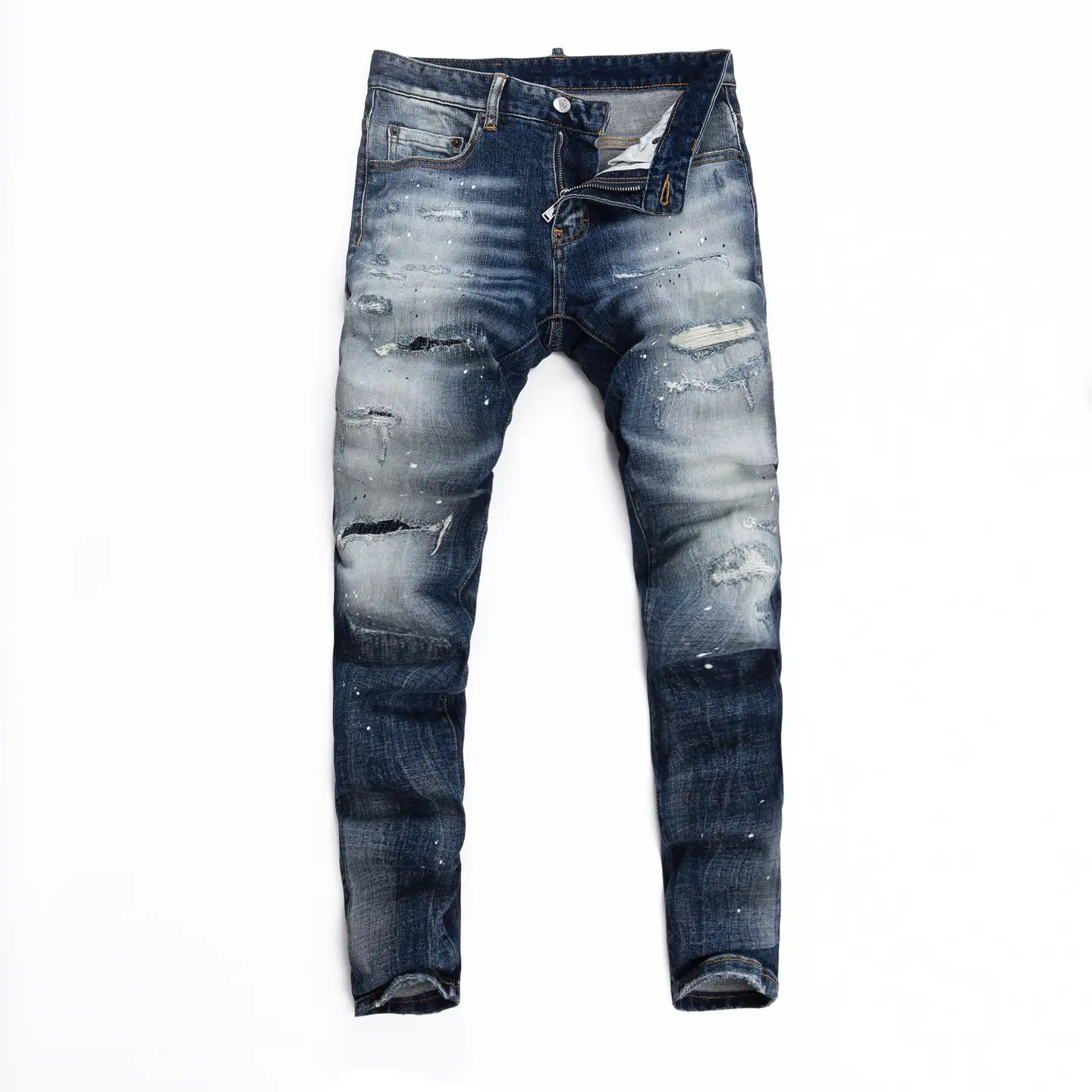 European and American High Street Fashion Men's Jeans Retro Blue Distressed Washed Ripped Trendy Brand Stretch Slim Fit Pants for Men