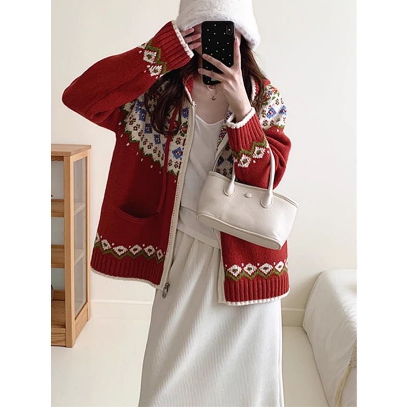 Kaning Red Fair Isle Jacquard Hooded Knitted Cardigan 2026 Autumn and Winter New Style Lazy Zipper Sweater Jacket
