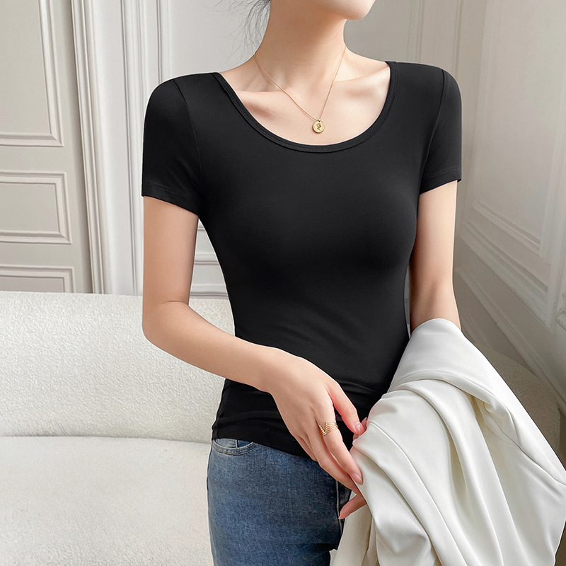 Manufacturer Wholesale Modal Double U-Neck Short-Sleeved T-Shirt for Women 2025 Summer New Ice Silk Pure Color Slim Bottoming Shirt Inner Wear