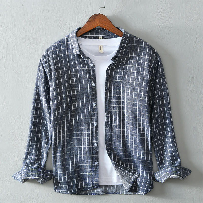 735 Color-Blocked Shirt Jacket Men's Casual Cotton and Linen Striped Plaid Long-Sleeved Shirt Loose Fit Dropshipping