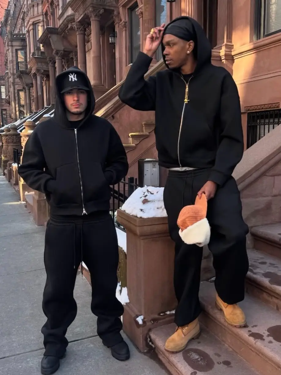 Saint Alexander zip knit hoodie set, loose straight tube, European and American celebrity style, hip-hop casual solid color