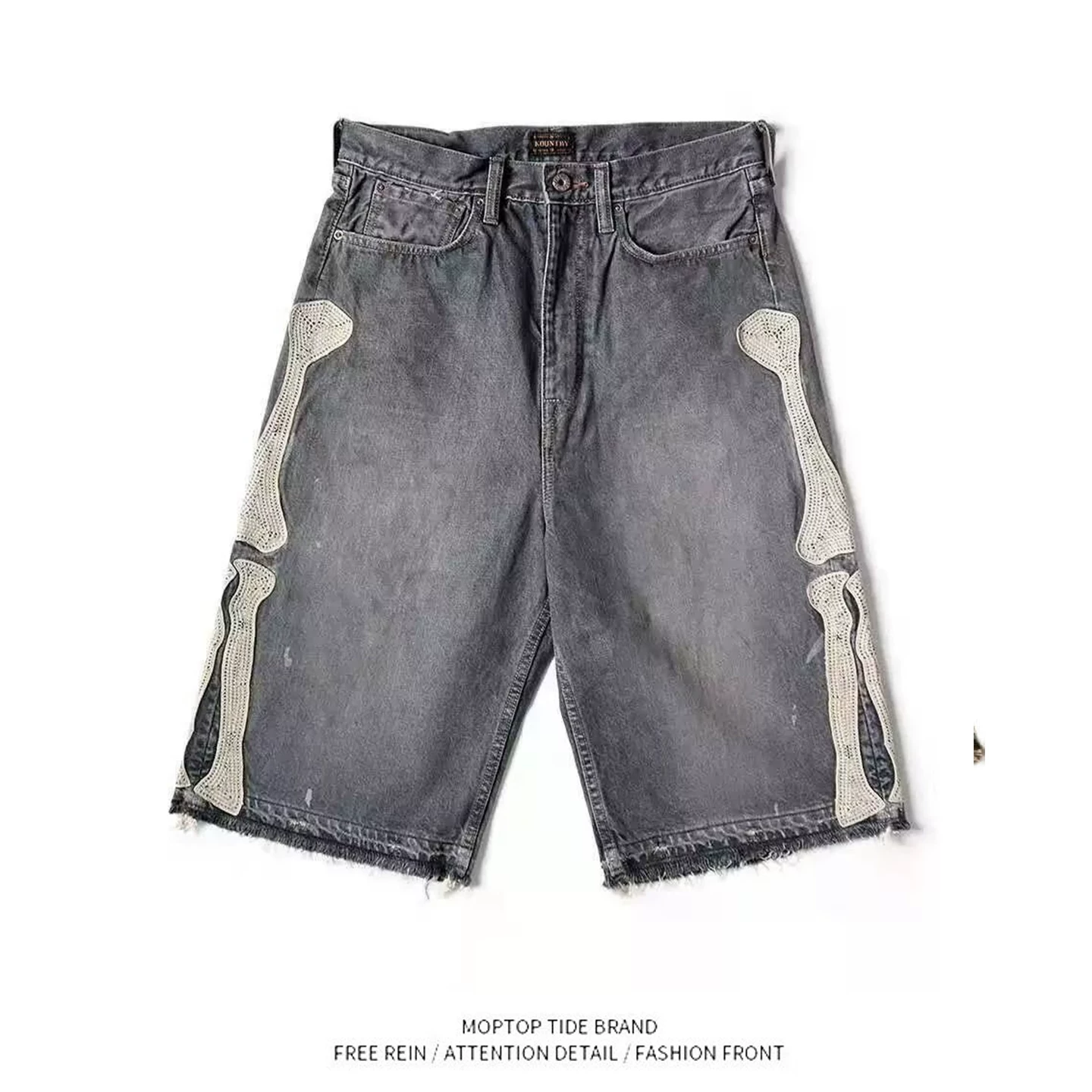 American street youth niche design retro denim shorts men's casual embroidered bone denim shorts