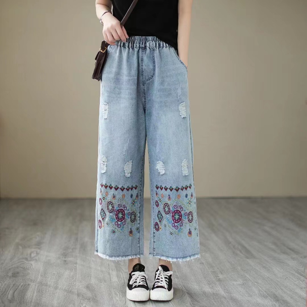 Spring and Summer New Arrival Retro Embroidered Sanding Jeans Women's Loose Slimming Wide Leg Pants