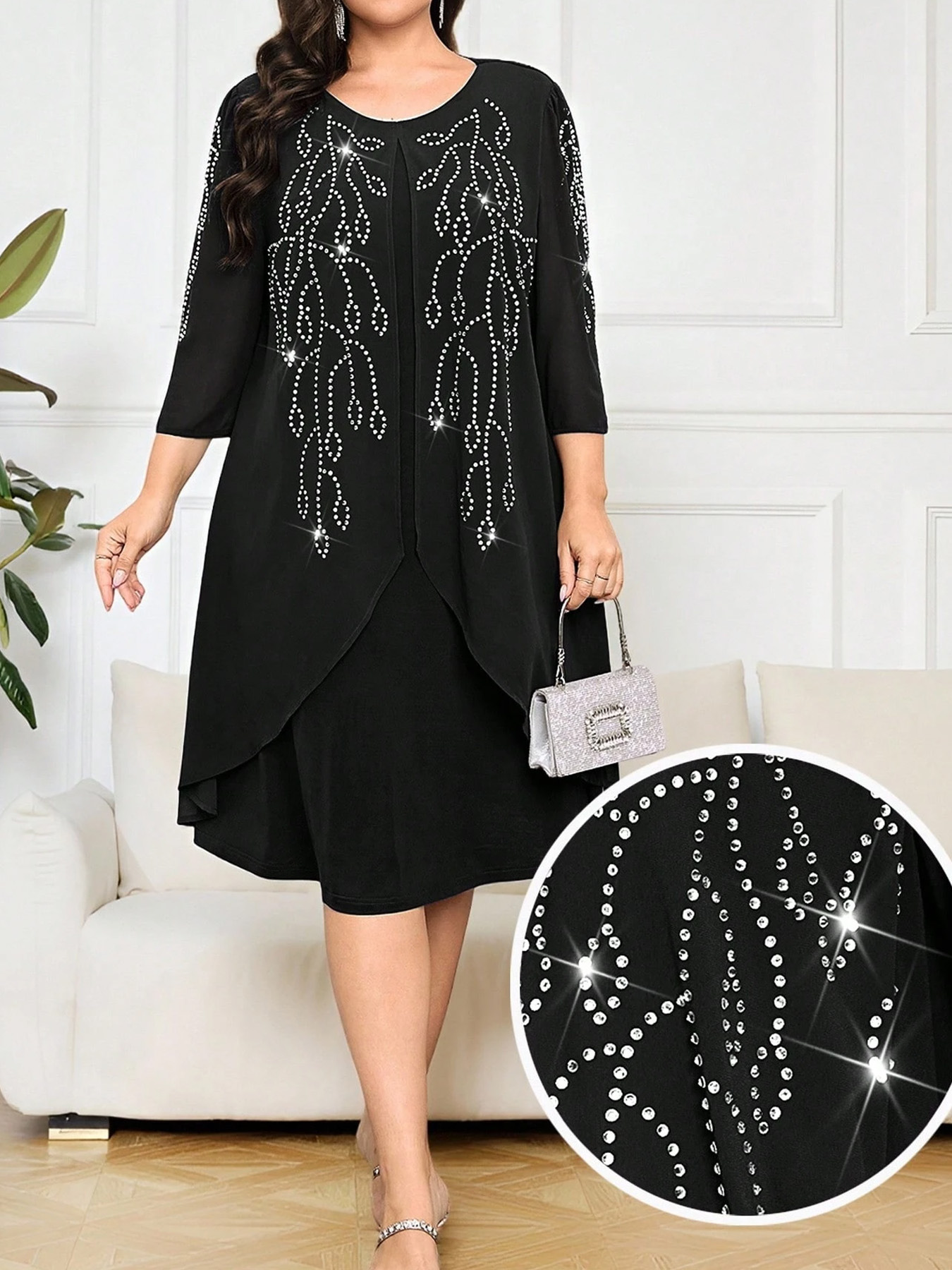 Cross-Border European and American Plus-Size Women's Mid-Sleeve Dress with Rhinestones, Elegant Commuter Pullover Faux Two-Piece Long Dress, Loose-Fitting Women's Clothing