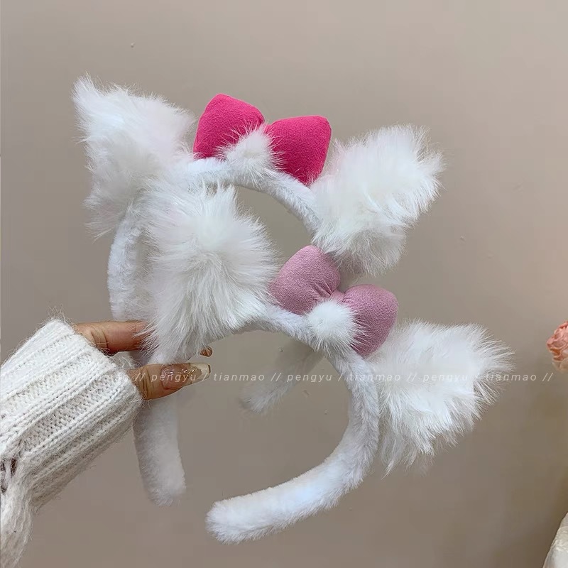 Autumn and Winter New Cute Fox Ear Plush Hair Band Pink Bow Cat Ear Head Playful Girl Wash Hair Band
