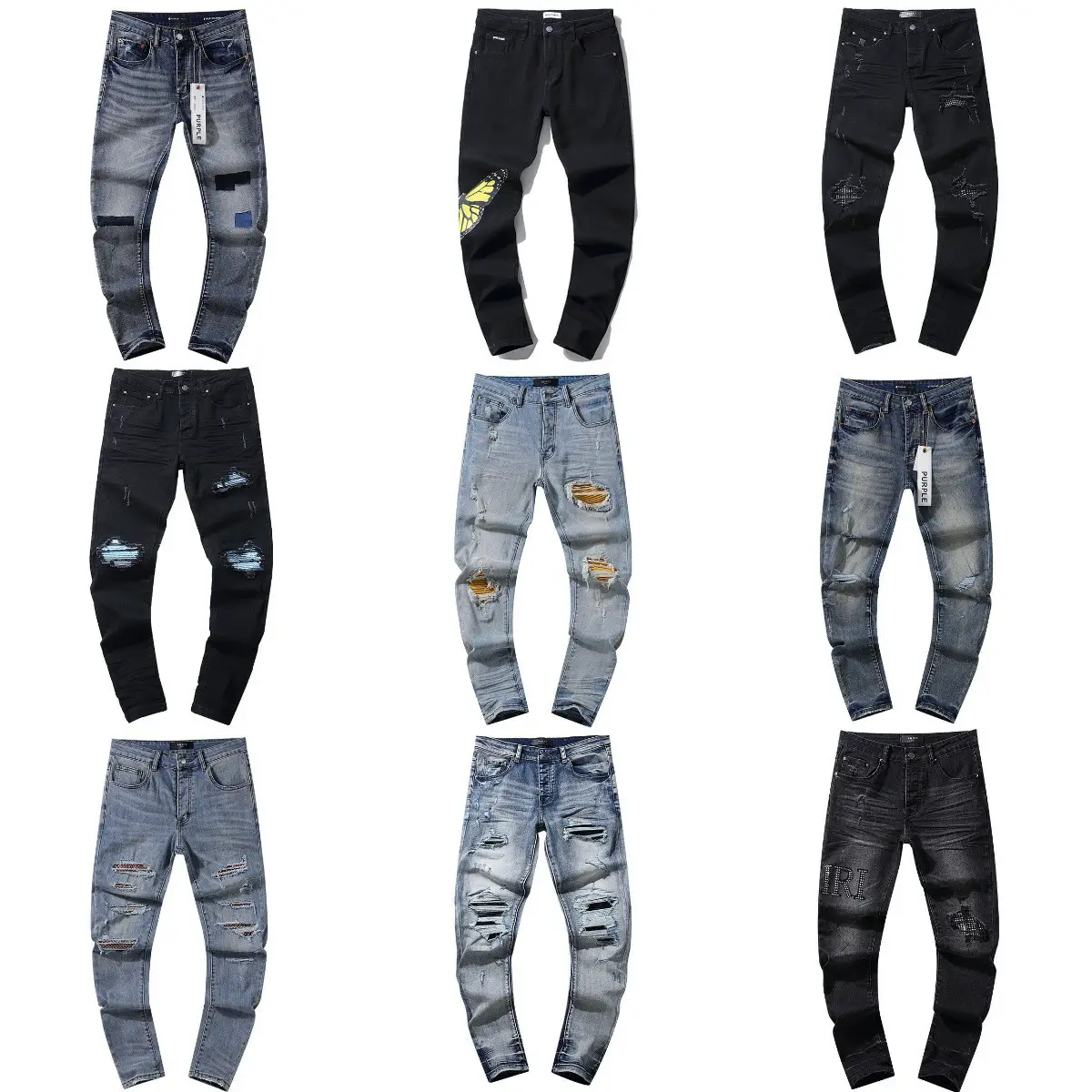 Purple Brand Cross-Border Splash Print Trendy High Street Retro Ripped Casual Trendy Unisex Denim Pants