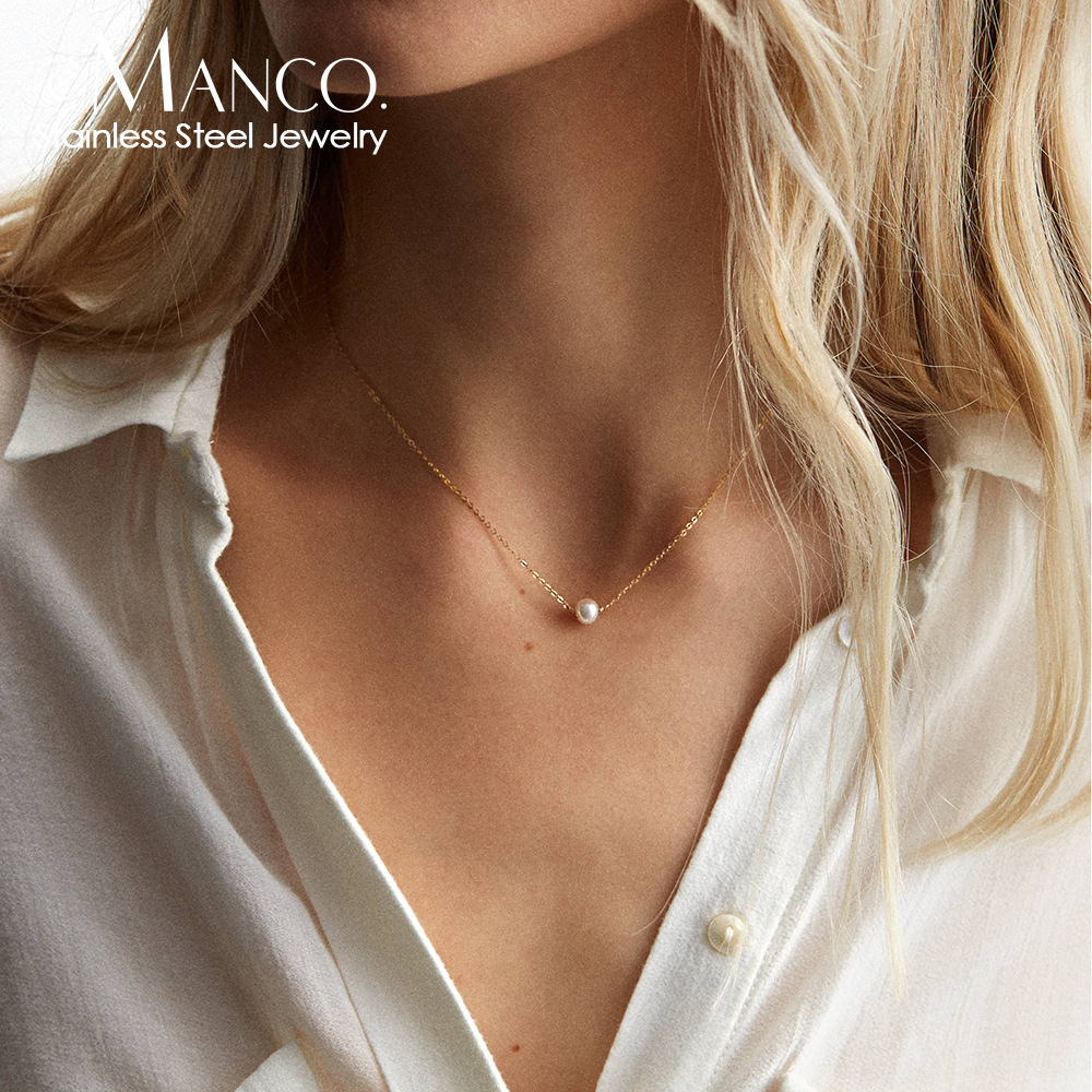 eManco New Accessories Simple Pearl Pendant Women's Stainless Steel Gold-plated Necklace Clavicle Chain