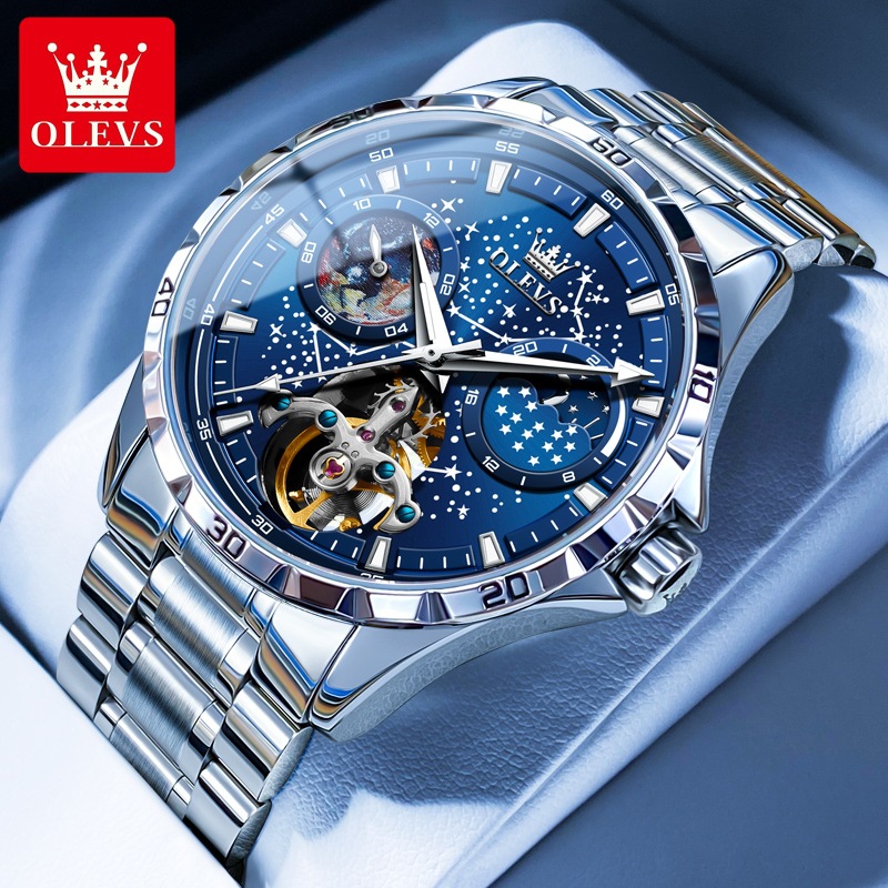 Men's Watch, Mechanical Watch, Genuine Brand Name, Hollow Design, Sun, Moon, Stars, Luminous Watch, Moon Phase Display, Large Dial, Light Luxury