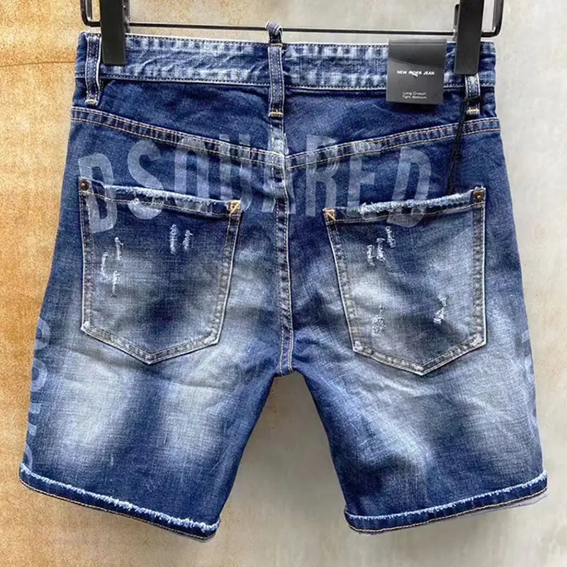 Fashion Trendy Summer Hole Laser Watermark silm Denim shorts Men Trendy Export Mid-Pants Stylish Quarter Pants