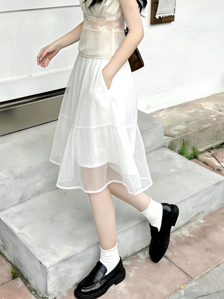 White Mesh Midi Skirt for Women, 2026 Spring New Casual Style High-Waisted Slimming Versatile Patchwork A-Line Skirt