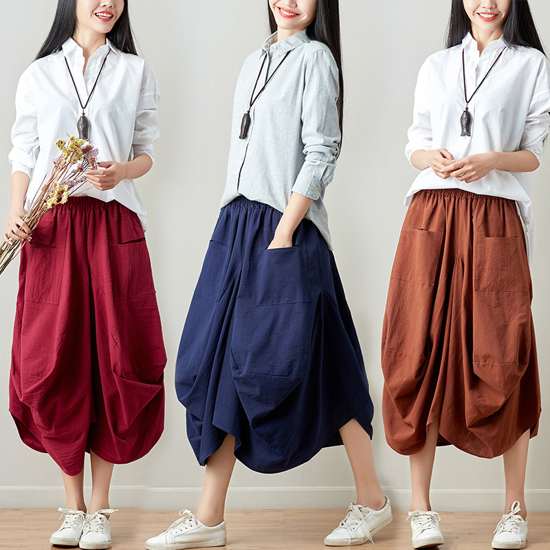 10 Colors 2026 Summer New Solid Color Cotton and Linen Midi Skirt Loose Plus Size Elastic Waist Lantern Skirt for Women