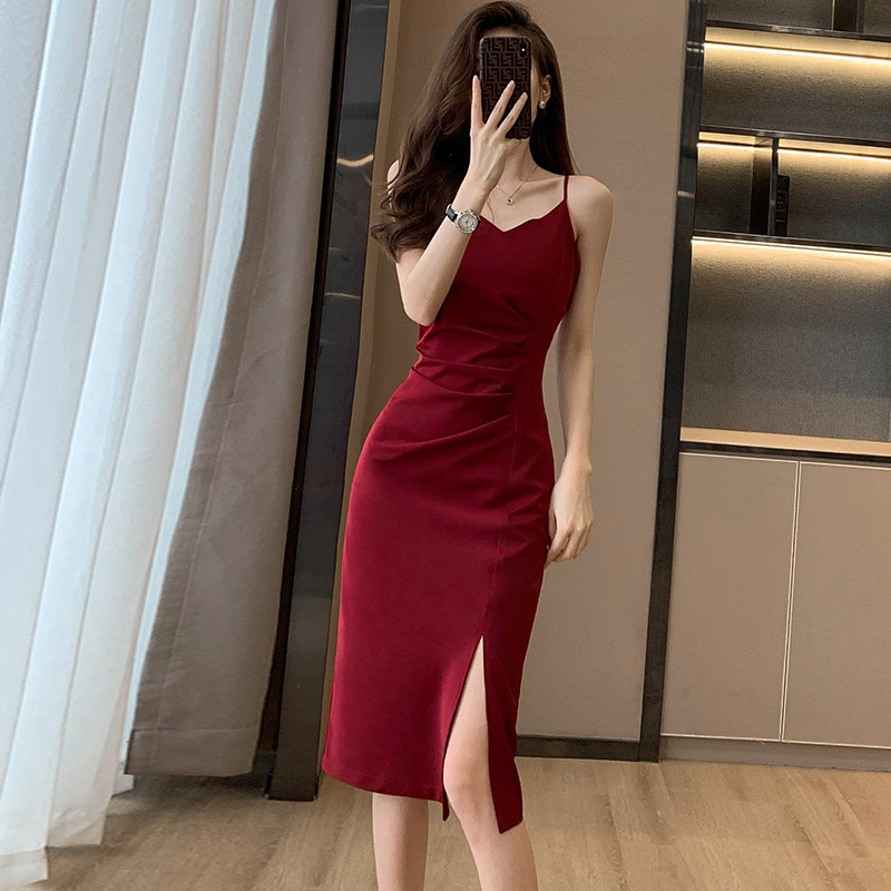 Red acetate fabric dress high-end women's summer small suspender skirt with suit pleated chic waist skirt