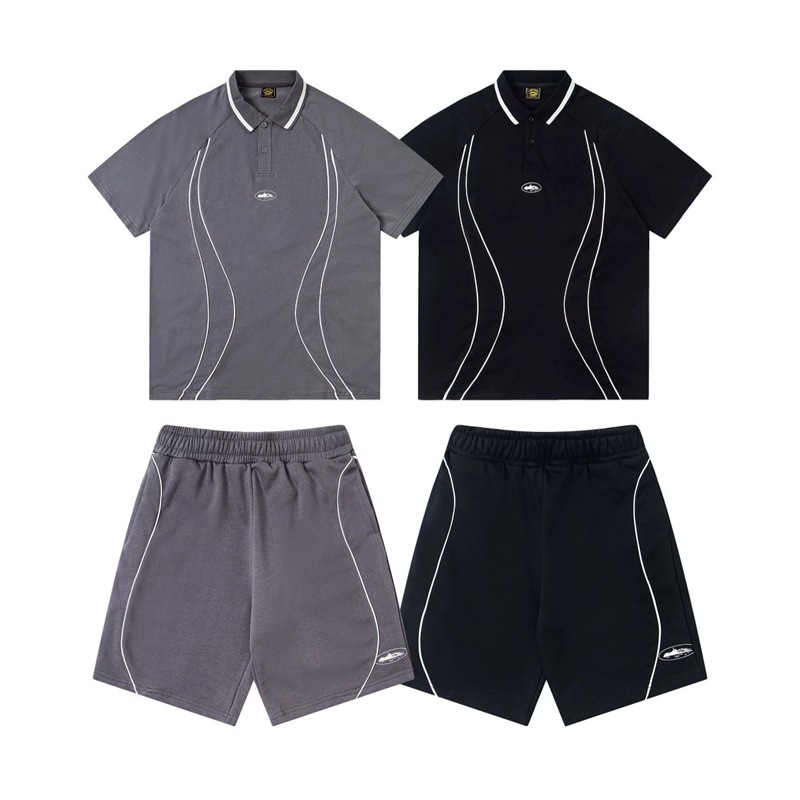 Foreign Trade Trendy Corteiz Devil's Island Patchwork Striped Polo Short-Sleeve Top Casual Sports Shorts Set