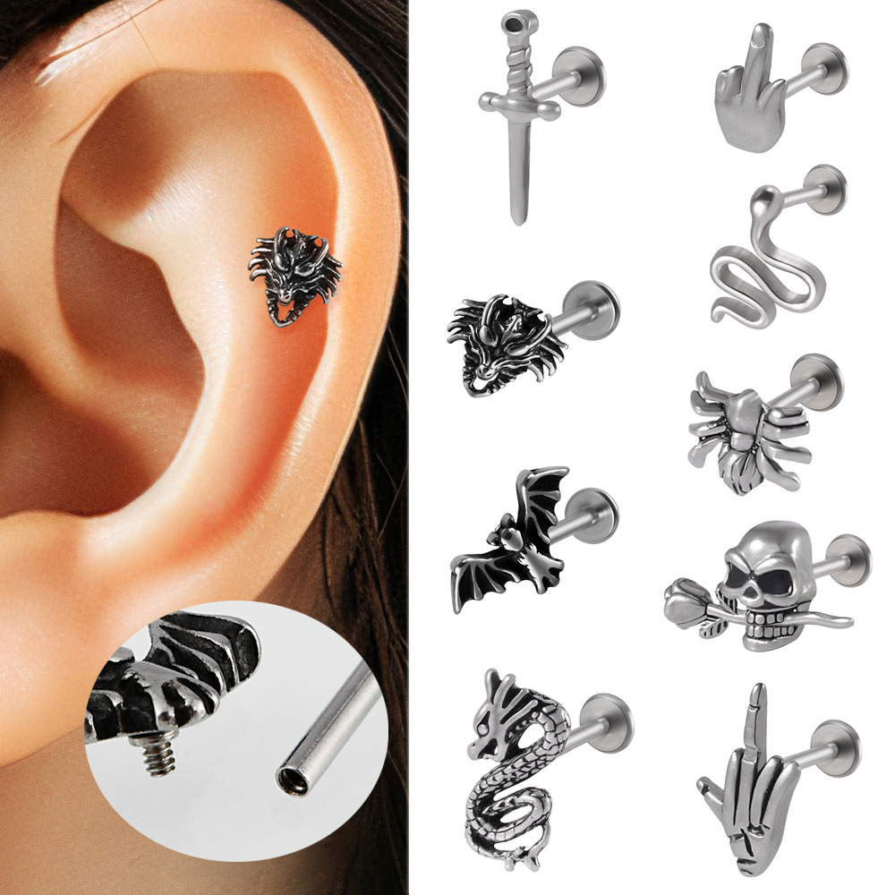 Cross-border Stainless Steel Inner Teeth Multiple Shapes Lip Ring Bat Faucet Internal Thread Earrings Puncture Straight Rod T-shaped Earrings