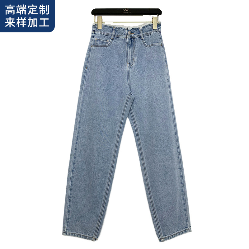 Washed Cotton Straight-Leg Pants, Blue Denim, Regular Urban Casual High-Waisted Pants, Light Blue Straight-Leg Casual Versatile Pants