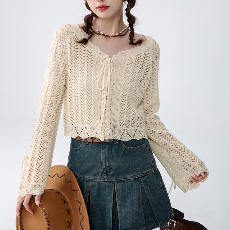 Hollow Knitted Cardigan Thin V-neck Coat Women's Summer New Lazy Sweet Outer Blouse Long-sleeved Top for Women