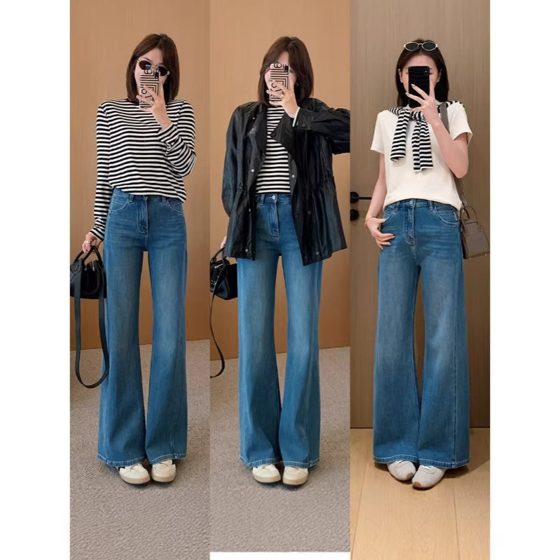 2026 Self-Made Early Spring New Benchmark Pants! Distressed Whiskered Wide-Leg Pants with Double Fishbone Flare Jeans for Women
