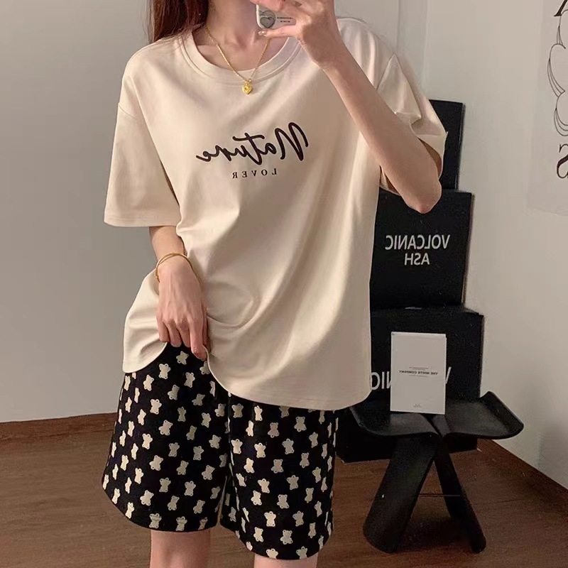 Summer Pure Cotton Pajamas for Women, Short-Sleeved Shorts Two-Piece Set, Simple Casual Style, Thin Style, Large Size Home Clothes That Can Be Worn Outside