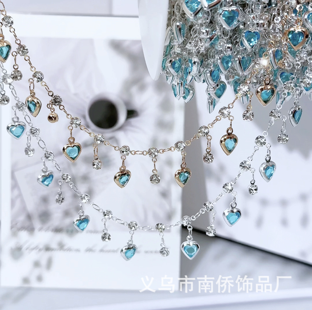 Chain diy chain lake blue love flash diamond peach heart chain high color hand-made antique forehead chain performance clothing accessories