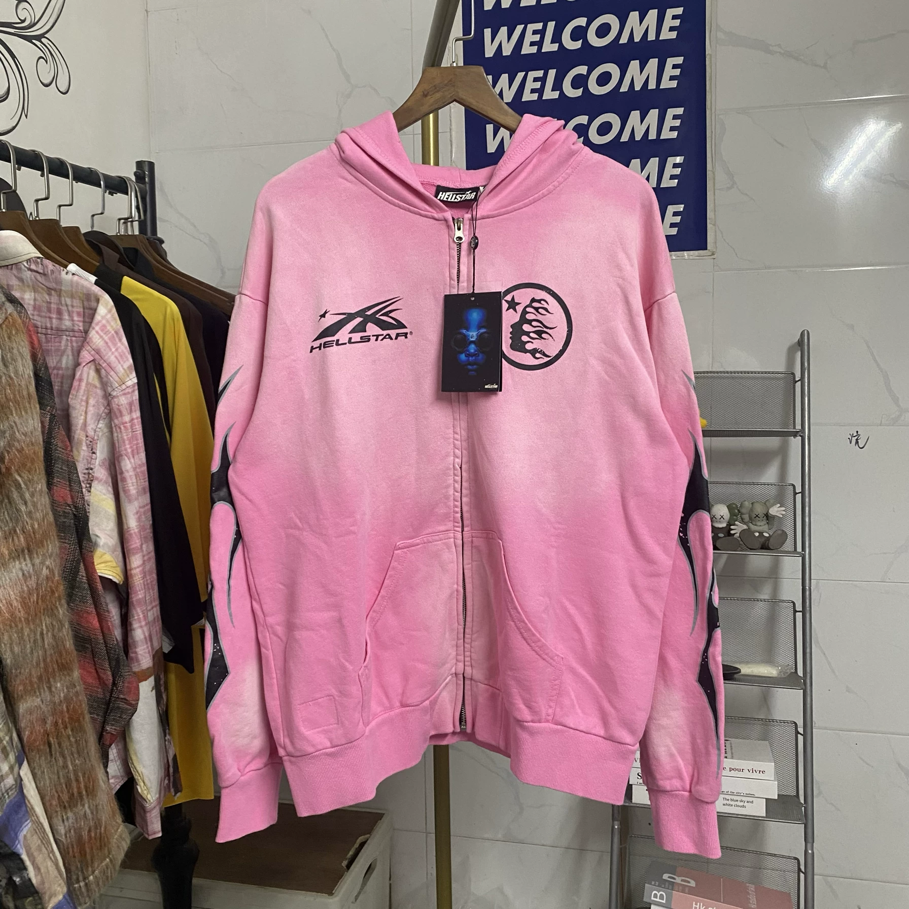 American High Street Hell Star Pink Retro Distressed Washed Hoodie Men's and Women's Loose Zipper Hooded Sweatshirt