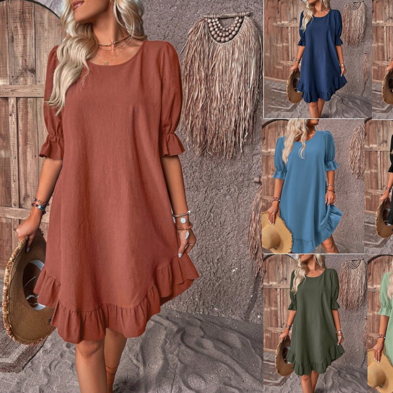 2026 Spring/Summer European and American Cross-Border Temu Women's Retro Cotton-Linen Mid-Sleeve Round-Neck Solid Color Loose Flared Dress
