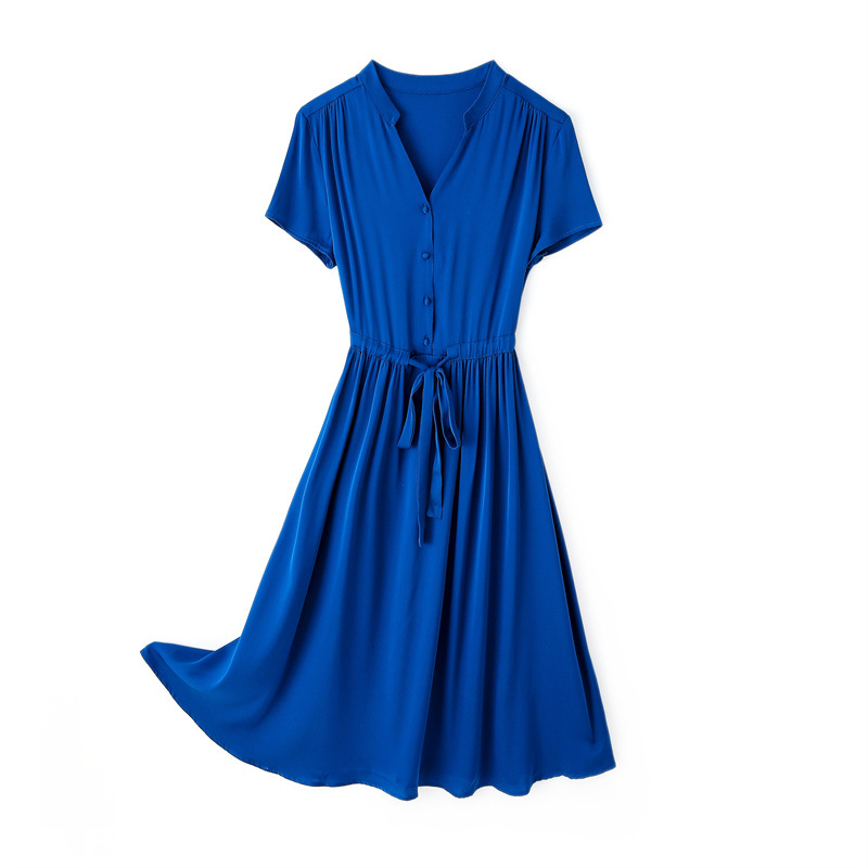 Tile Figure Silk A Solid Color dress 2025 Summer New Style Elegant V-neck Lace-up Waist Large Dress for Women