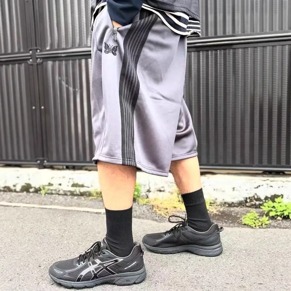 Needles Track Butterfly Embroidery Trendy Three-Quarter Length Loose Sports Striped Wide-Leg Shorts for Men