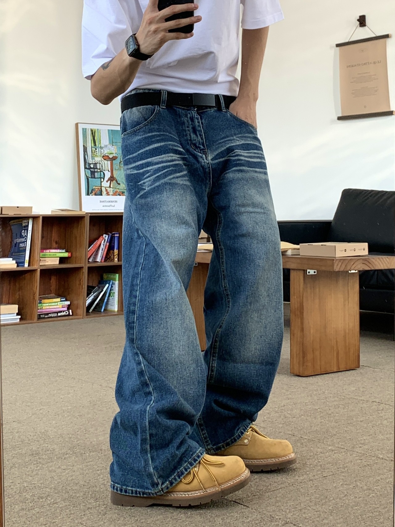 American Street Style Vintage Niche Simple Jeans for Men, Washed Loose Floor-Length Casual Straight-Leg Pants
