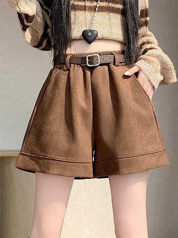 Faux Suede Spring and Autumn Thickened Shorts for Women, Loose French Retro Wide-Leg Boot Shorts, Trendy Niche Casual Pants