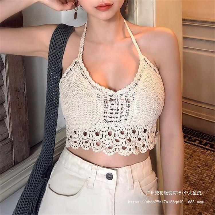 Hollow Swimsuit Halter Vest Suspender with Leaky Shoulder Straps and Breast Pads Backless Tube Top Embroidered Women's Summer Short Top
