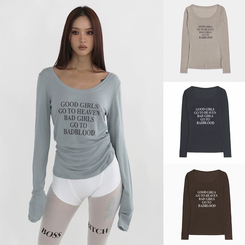 Korean Badblood Bcac Series American Printed Loose Casual T-Shirt Women's Niche Long-Sleeved Sexy Bottoming Shirt