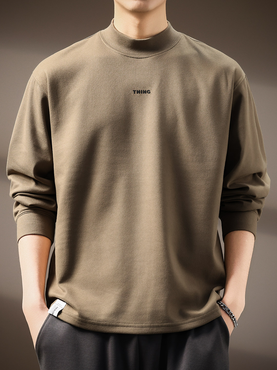 American-Style Thermal Fleece Base Layer Half-Turtleneck Long-Sleeve T-Shirt for Men, Spring and Autumn Warm Long-Sleeve Solid Color Casual Simple Sweatshirt