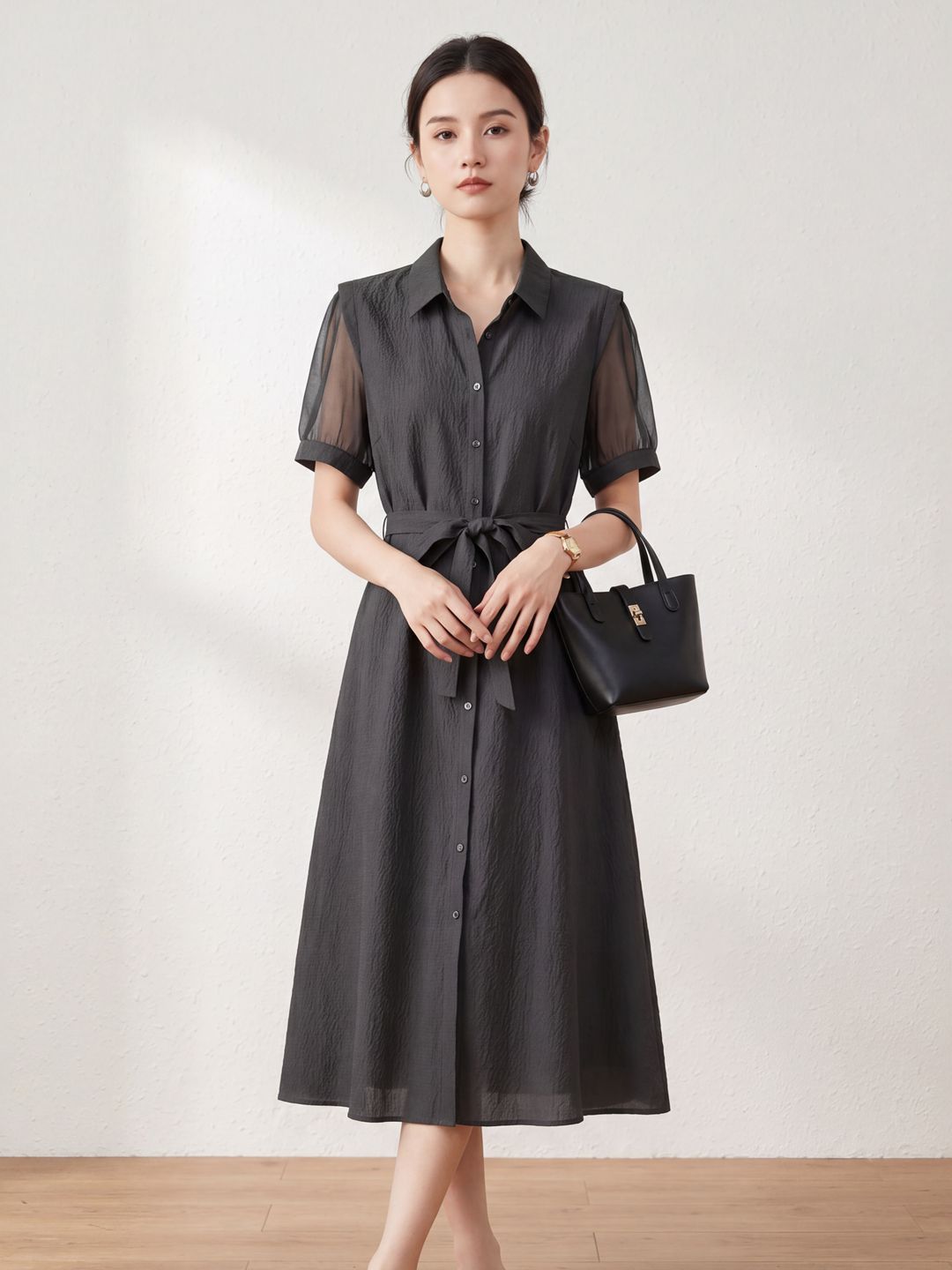 New Jacquard Silk Dress Women's Summer Mulberry Silk Short-Sleeved Commuter A-Line Skirt Design Black Skirt