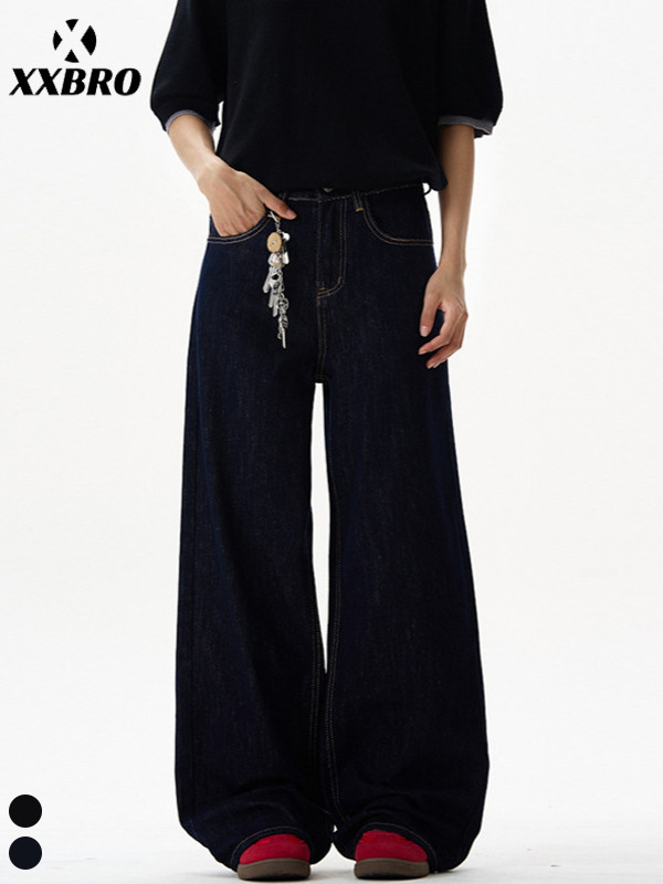 Muxi Clothing # American High Street Fashion Brand Denim Original Color Versatile A-Line Pants Straight-Leg Height-Enhancing Wide-Leg Jeans