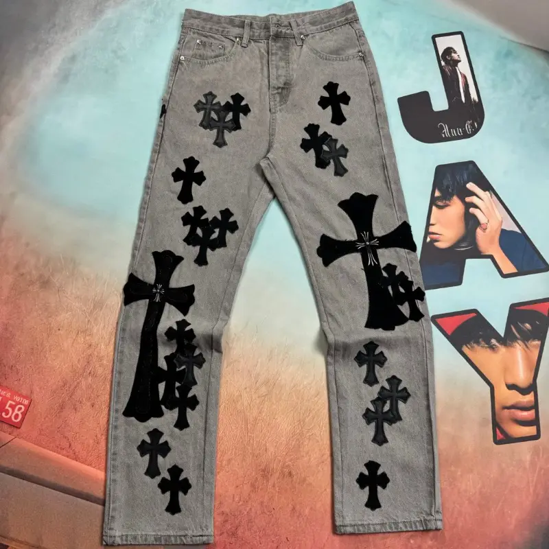 Trendy New arrival Unisex Cross Print Patch Embroider Flower Denim Loose Plaid Versatile Straight pants