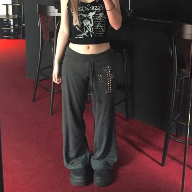 Cross-Border Early Spring European and American New Y2K Niche Geometric Rhinestone Soft Comfortable Loose Wide-Leg Pants Wholesale