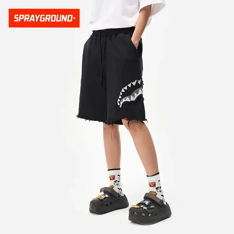Sprayground Shark Mouth Print shorts Men's 25 Summer Loose Raw Edge Shorts Retro Casual Mid-Length Pants