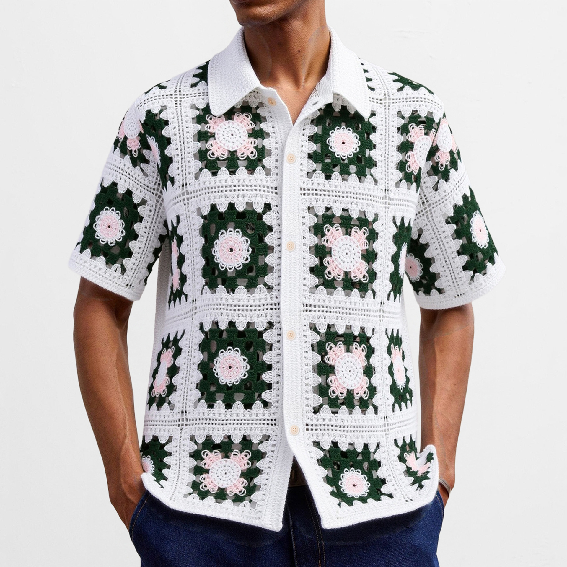 Men's Knitted Cardigan Summer New Style Handmade Crochet Short-Sleeved Vacation Polo Shirt Source Factory Ready Stock Sy0176