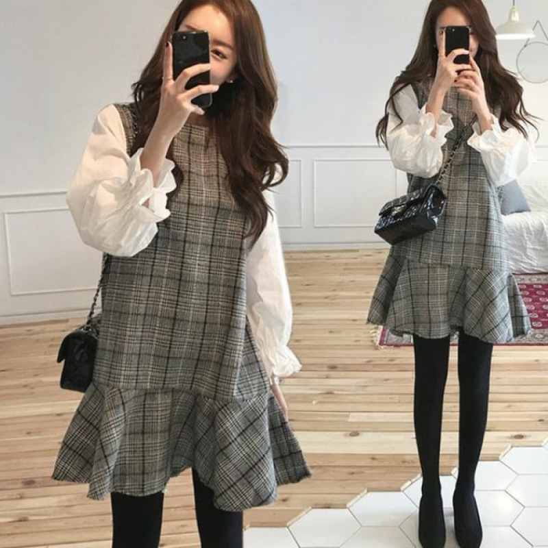 Plus-Size Women's Fashion: 2026 Spring/Autumn Korean Style Elegant Dress with a Faux Two-Piece Design for Foreign Trade