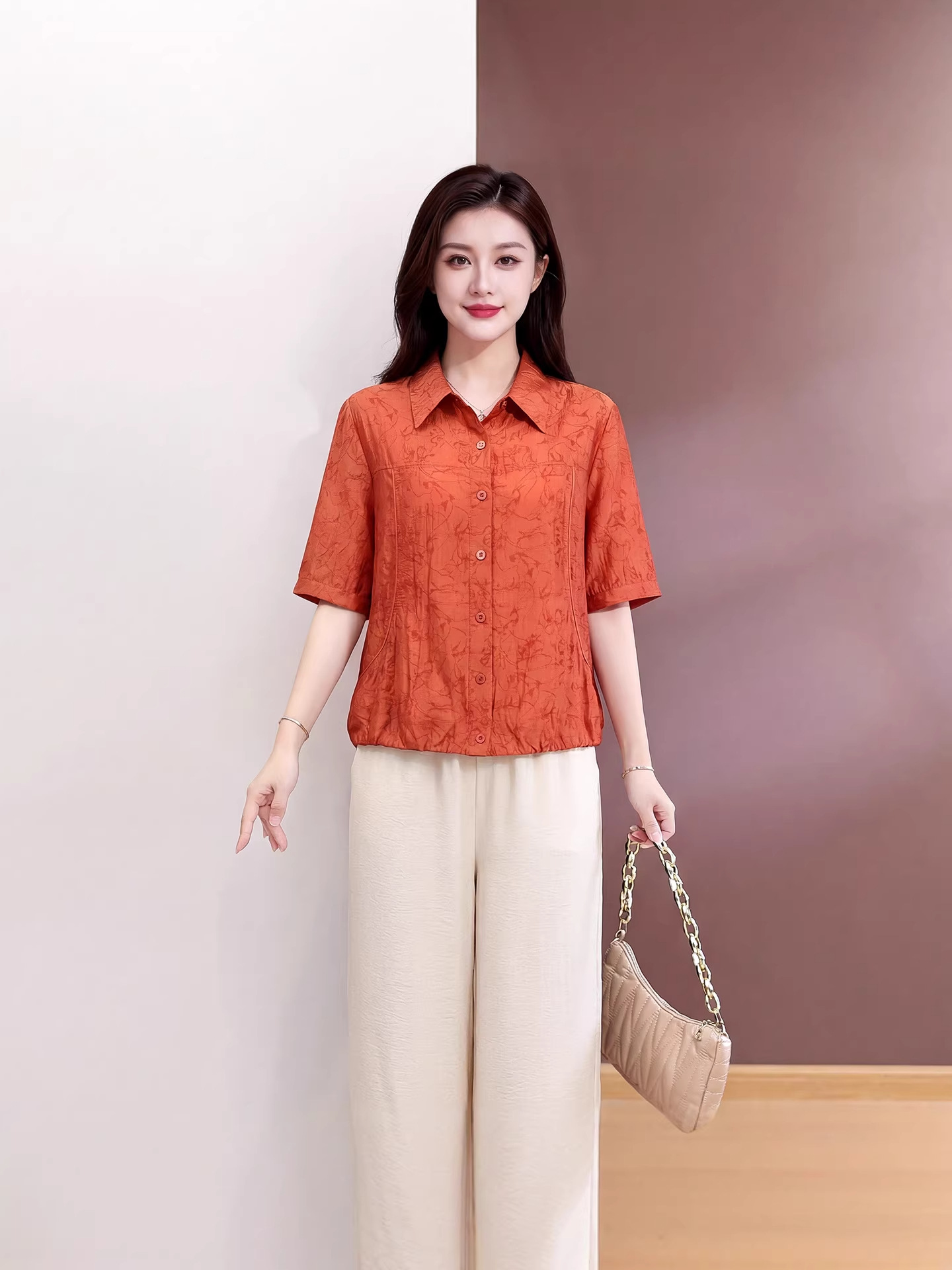Middle-Aged and Elderly Women's Fashion Suits 2026 Summer New Korean Style Elegant Women's Clothing Shirt and Pants Two-Piece Set