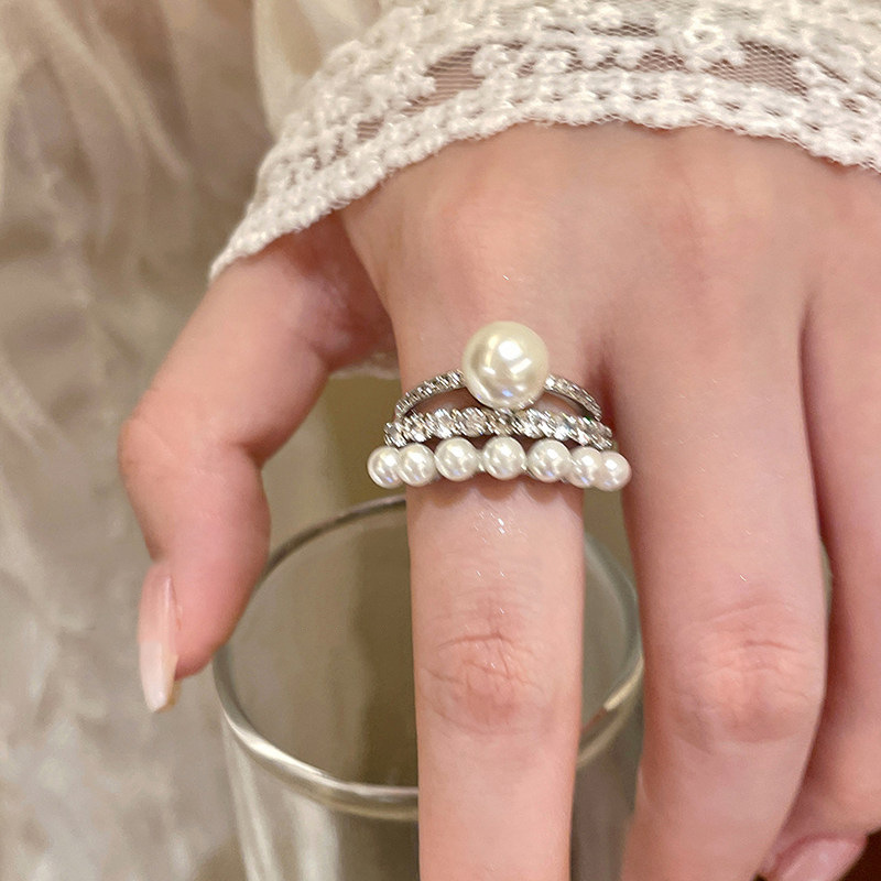 Double-Layer Pearl Statement Ring for Women with Thick Fingers, Large Size, Niche Design, Stackable Index Finger Ring, Light Luxury, High-End Feel