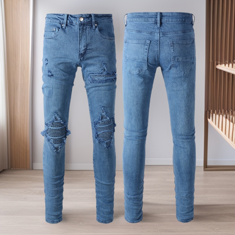American-Style Ripped Jeans for Men, Fashionable Patchwork Denim, European and American Trendy Jeans, Stretchy Men's Slim Fit 1344