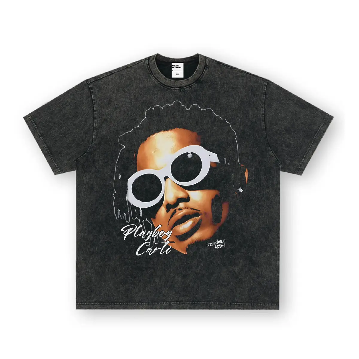 Summer Rap Heavy Short-sleeved T-shirt American Retro Printed Cross-border Washed Old Small Collar Men's Pure Cotton Half Sleeve