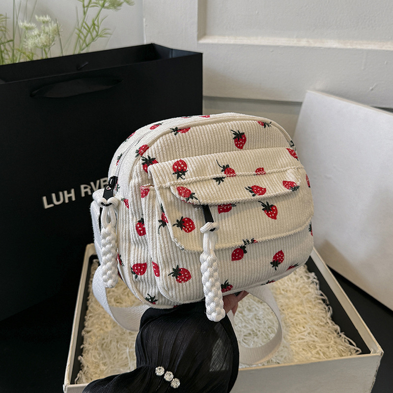 Vintage All-match Harajuku Corduroy Shoulder Crossbody Bag Female Student Summer New Japanese Strawberry Mobile Phone Bag Trendy
